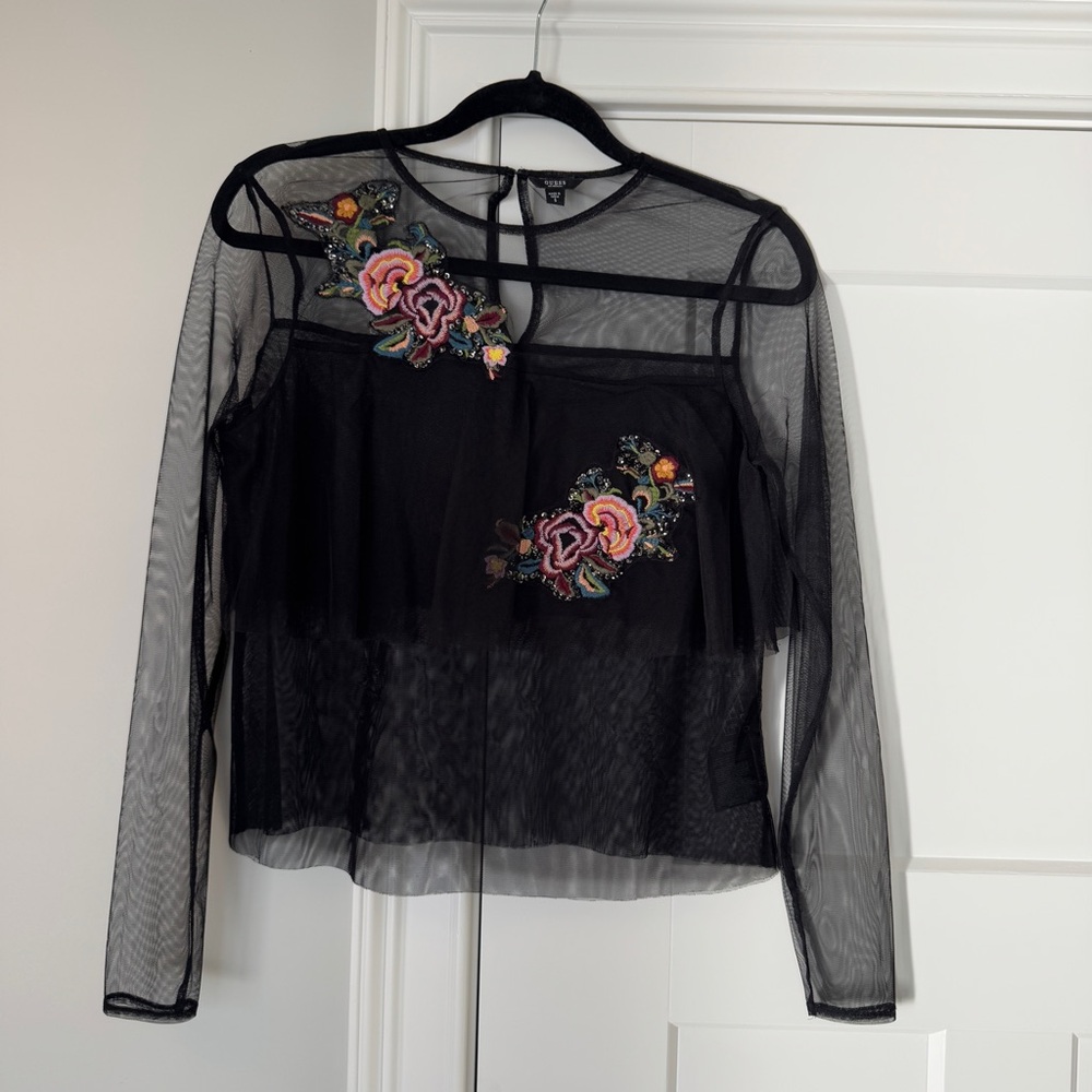 Sheer embroidered floral patch top